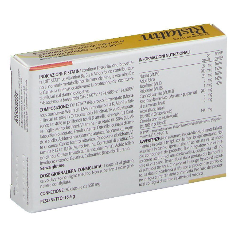 Retro di una confezione di Ristatin, integratore alimentare, con informazioni nutrizionali e ingredienti.