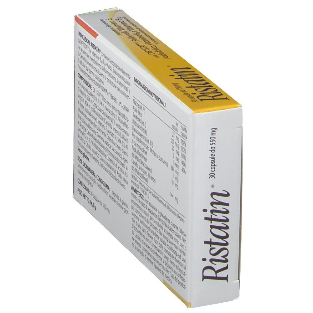 Confezione di Ristatin, integratore alimentare, vista prospettica con numero di lotto e data di scadenza.