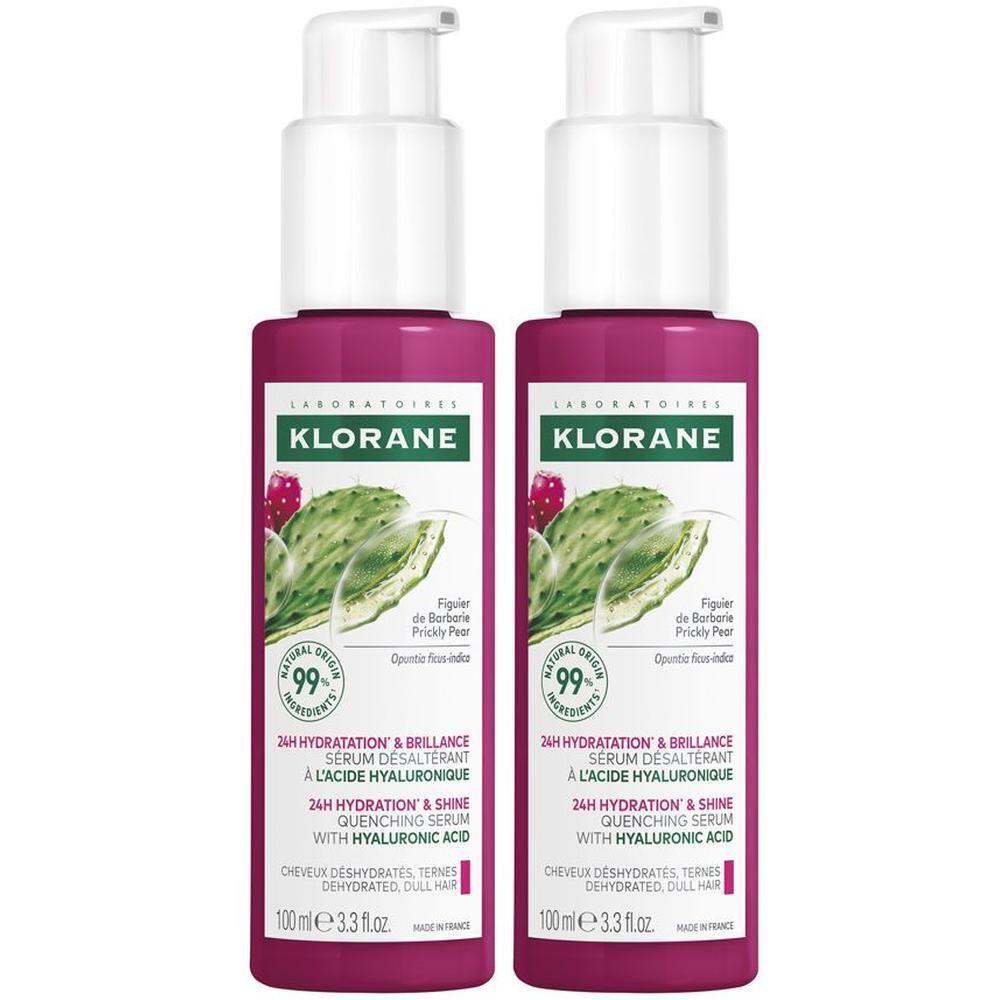 Due flaconi Klorane di siero alla fico d'India per capelli disidratati.