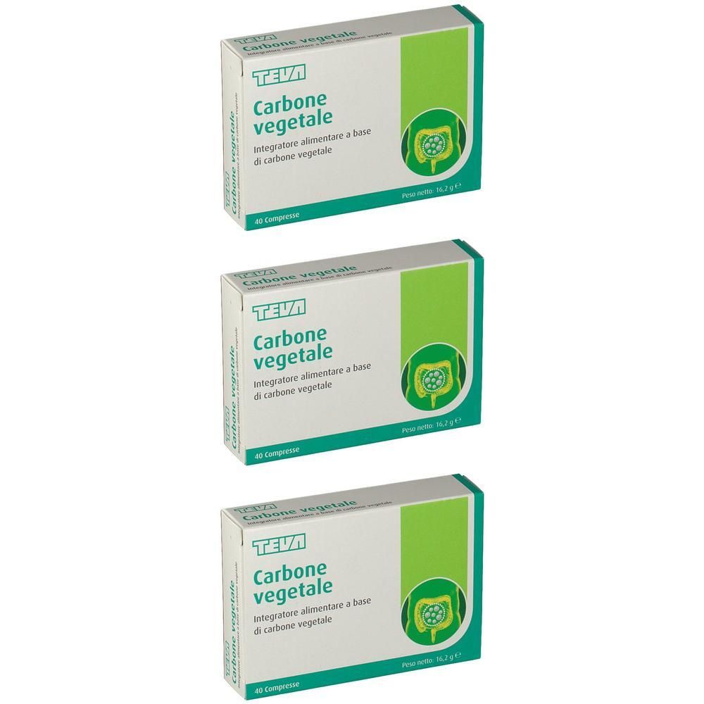 Tre scatole di Teva Carbone vegetale, integratore alimentare a base di carbone vegetale.