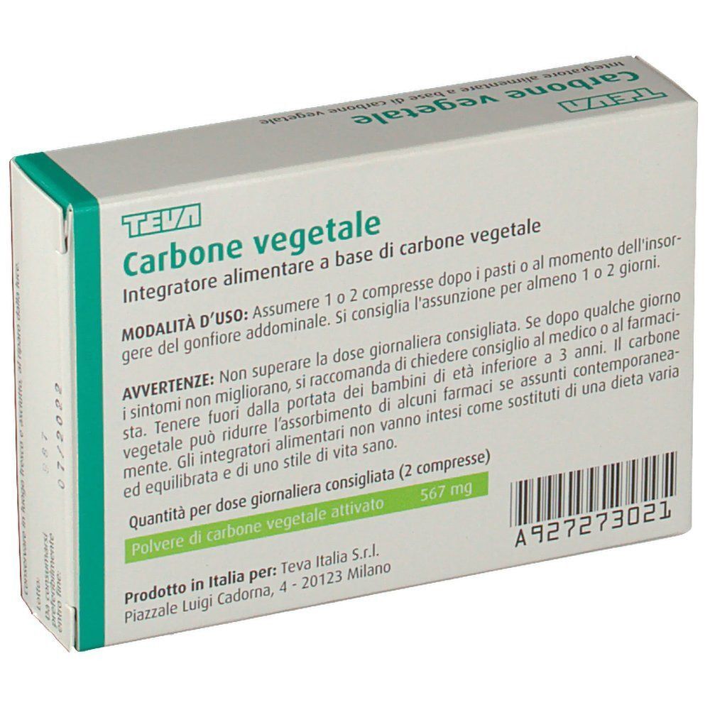 Retro di una scatola di Teva Carbone vegetale con modalità d'uso e informazioni sul prodotto.