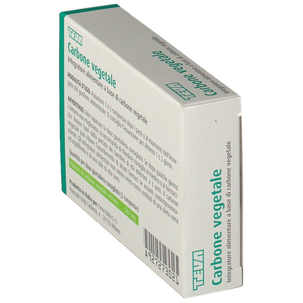 Confezione di Teva Carbone Vegetale Compresse di lato. Confezione verde e bianca con testo in italiano.