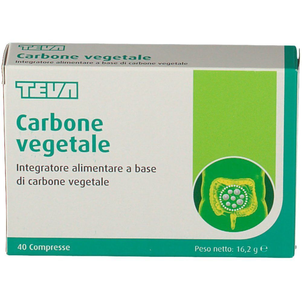 Fronte di una confezione di Teva Carbone Vegetale Compresse. 40 compresse. Confezione verde e bianca con illustrazione intestinale.