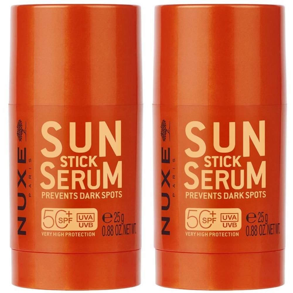 Due flaconi Nuxe Sun Stick Solare Siero Viso SPF 50 affiancati.
