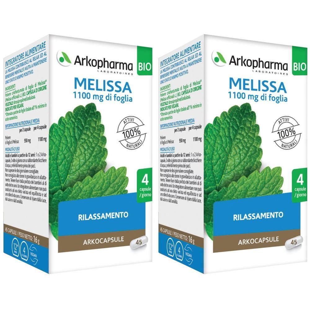 Due confezioni Arkocps Melissa Bio con immagine di foglia di melissa. 1100 mg per capsula. "Rilassamento" e "Arkocápsule" sono visibili.