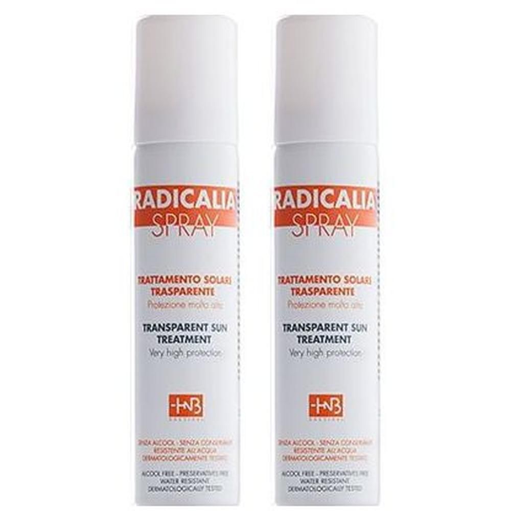 Due flaconi di Radicalia Spray Transparent Sun Treatment con alta protezione.