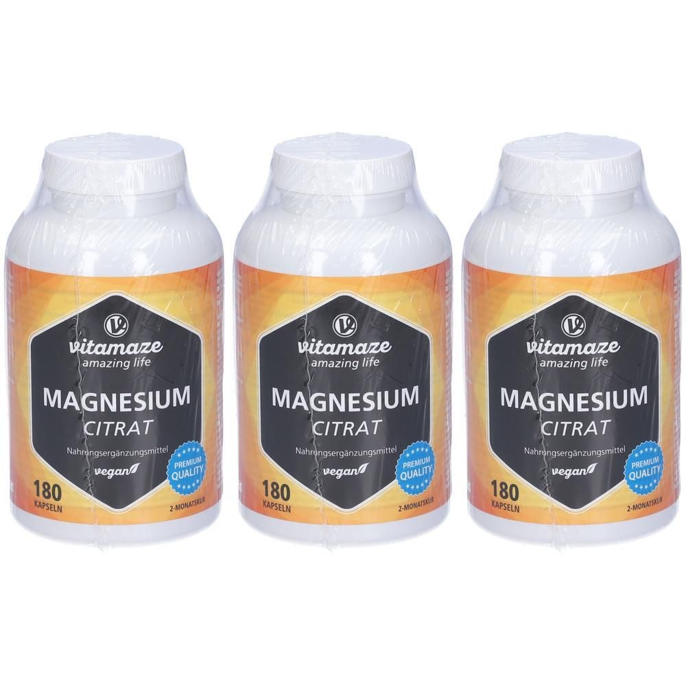 Tre flaconi di Vitamaze Citrato di Magnesio, 180 capsule per flacone, vegan, qualità premium.