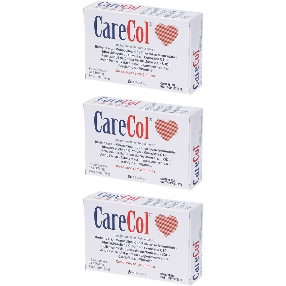 Tre confezioni di CareCol, integratore alimentare, 30 compresse ciascuna. Scatola di cartone con informazioni sul prodotto.