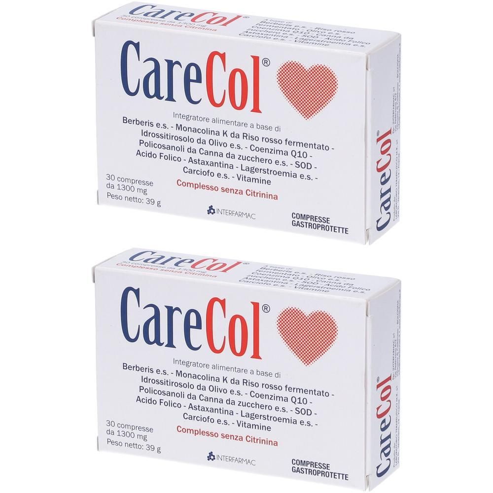 Due confezioni di compresse CareCol, 30 compresse per confezione. Contiene ingredienti come Berberis e Coenzima Q10.