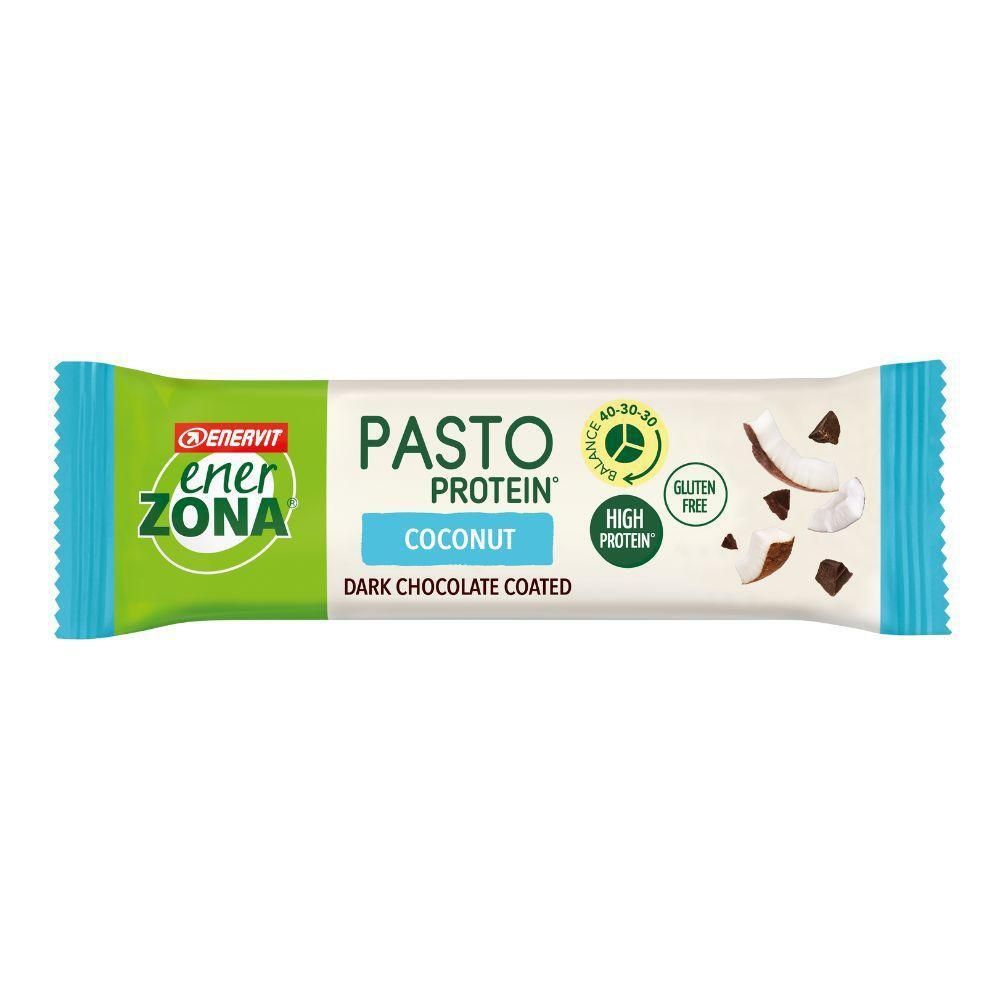 Barretta EnerZona Proteica gusto cocco, cioccolato fondente, senza glutine.