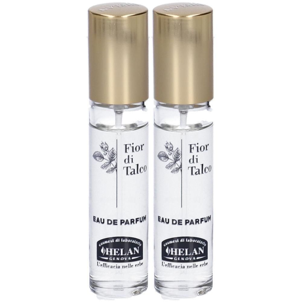 Due flaconi in vetro di Eau de Parfum con tappi dorati. Etichetta: Fior di Talco, HELAN GENOVA.