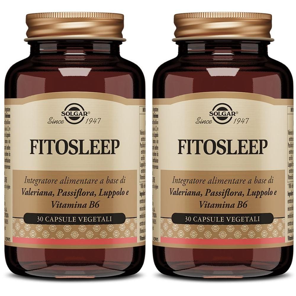 Due flaconi di Solgar Fitosleep, contenenti 30 capsule vegetali ciascuno.