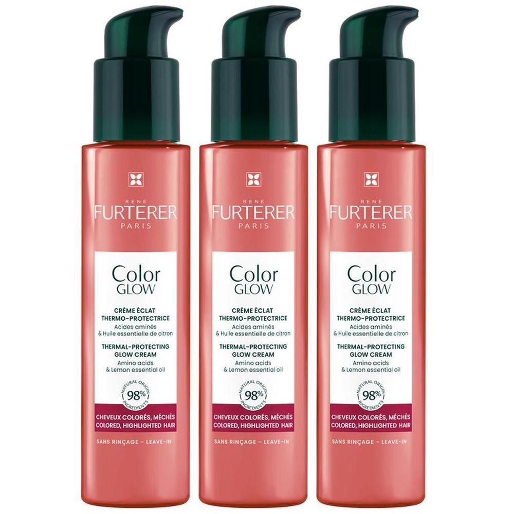 Tre flaconi di crema René Furterer Color Glow con erogatori a pompa.