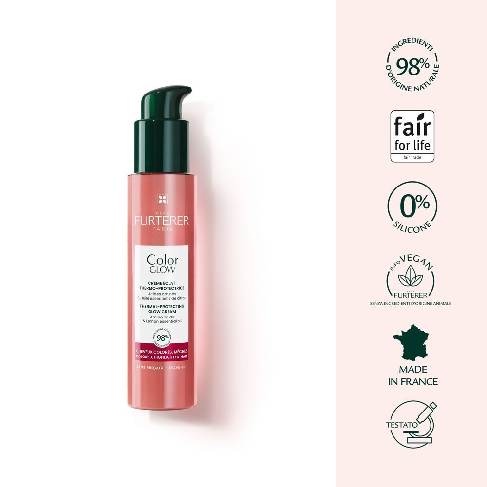 Un flacone di crema René Furterer Color Glow con erogatore a pompa.
