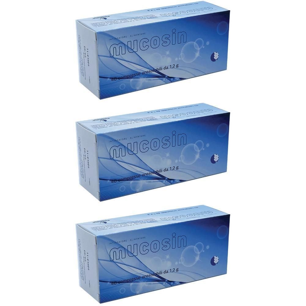 Tre confezioni di Mucosin con design blu e motivo a bolle.