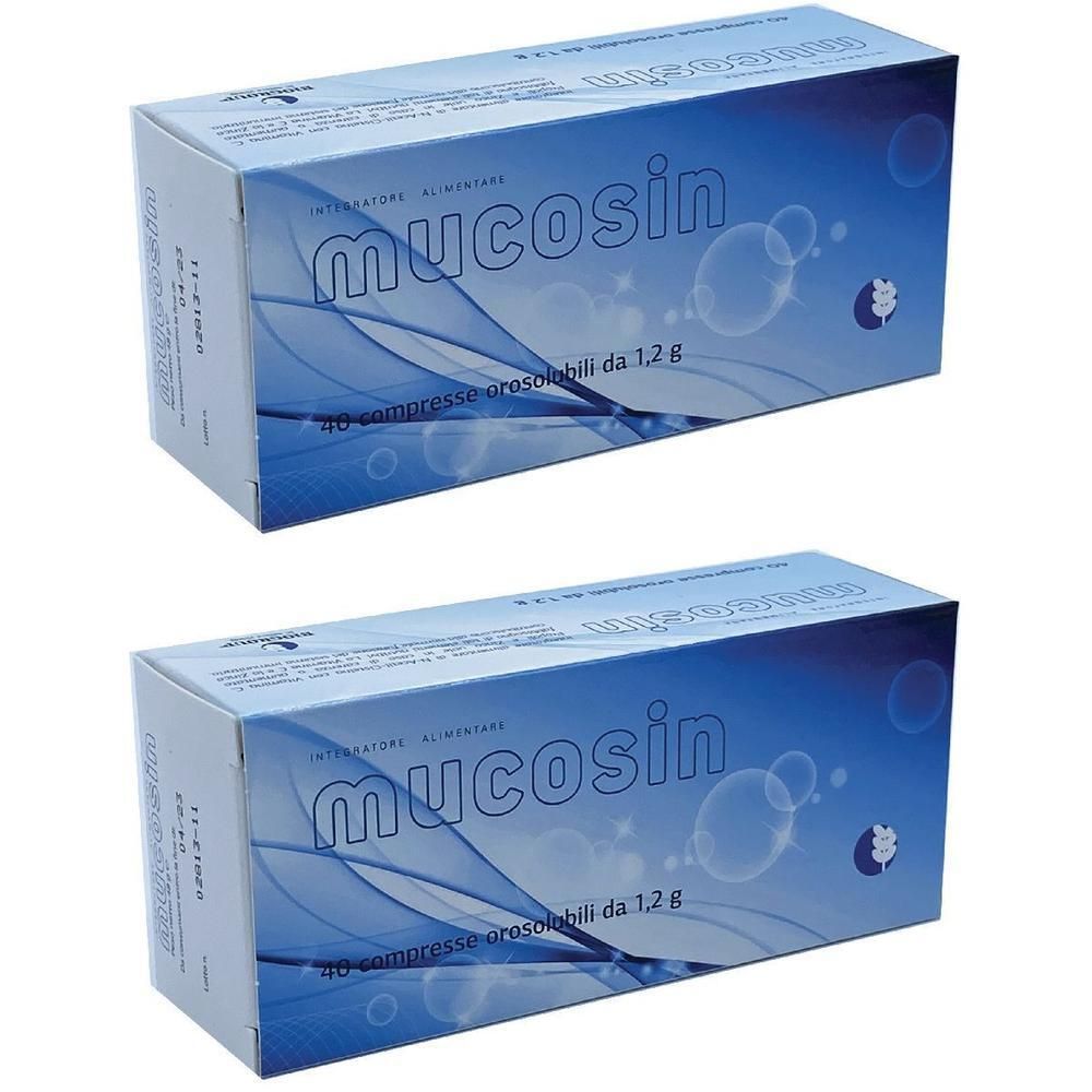 Due confezioni di Mucosin, 40 compresse orosolubili da 1,2 g.