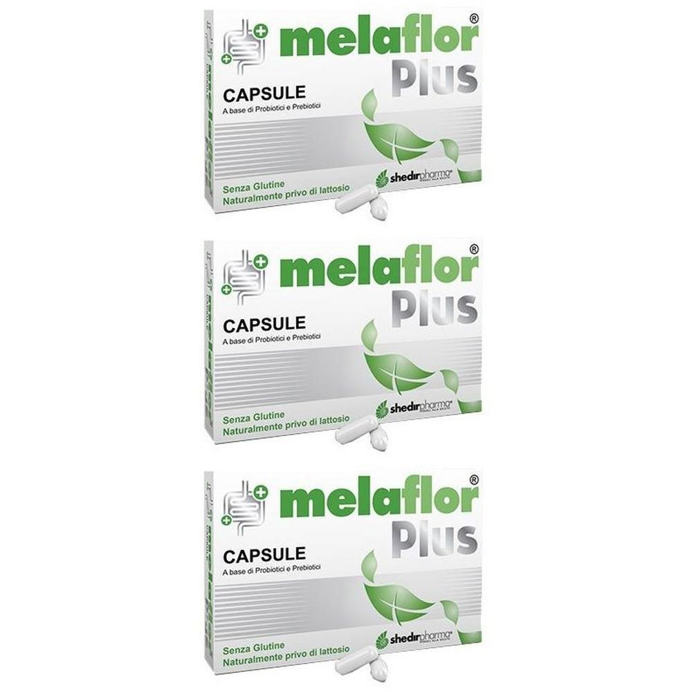 Tre confezioni di capsule Melaflor Plus, ciascuna da 20 capsule. Contiene probiotici e prebiotici.