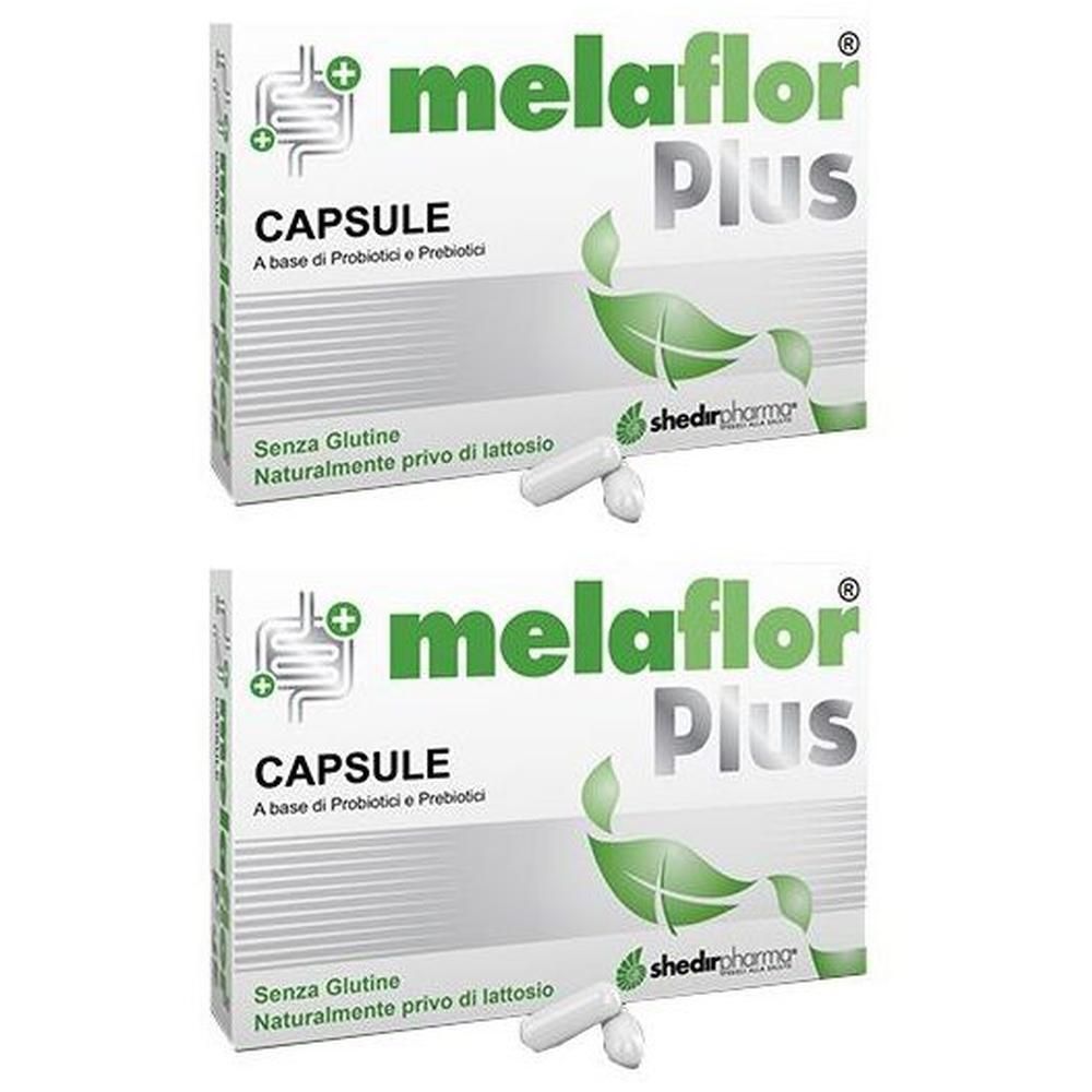 Due confezioni di capsule Melaflor Plus, senza glutine e senza lattosio.
