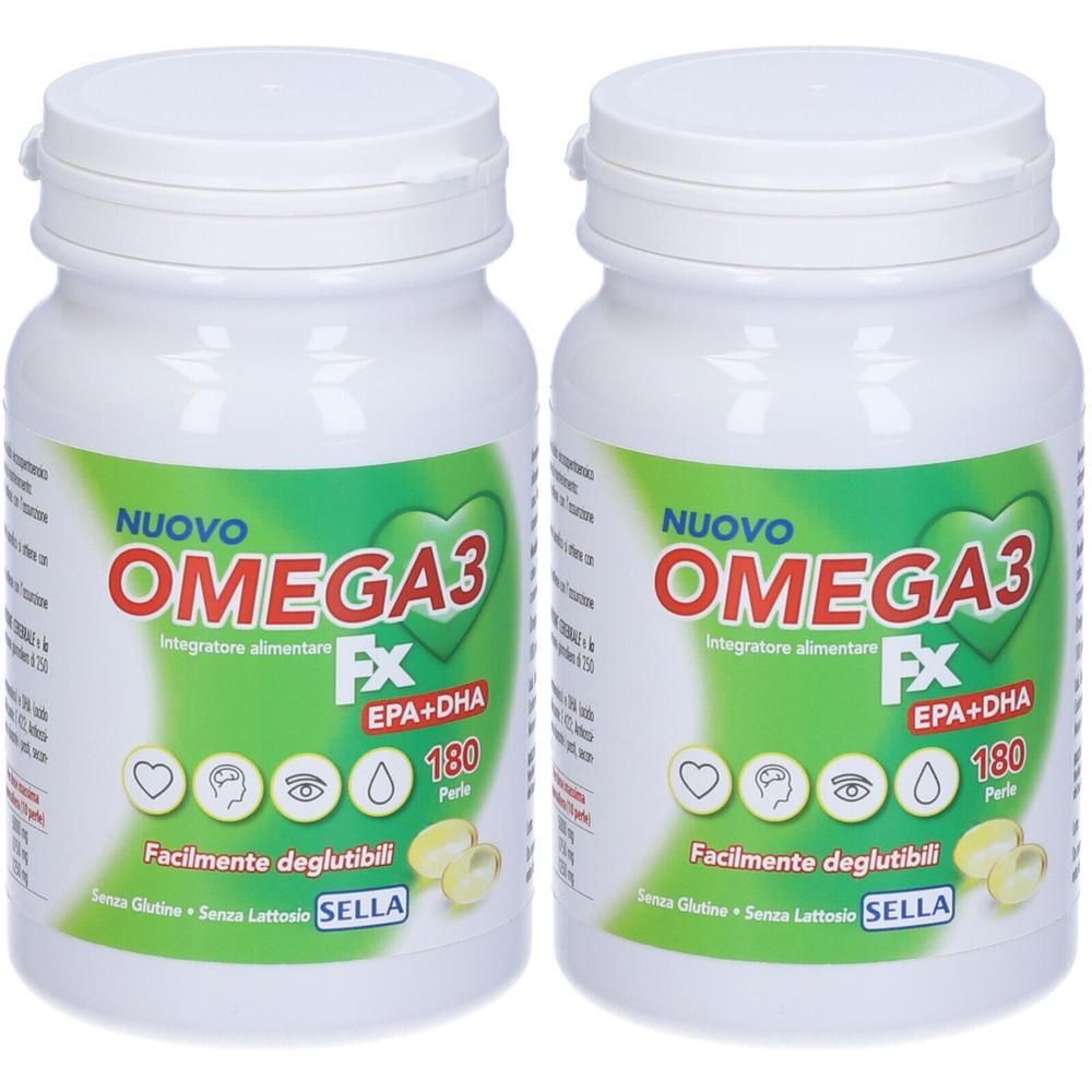 Due flaconi di Omega-3, EPA+DHA, 180 perle per flacone. Capsule facili da deglutire.
