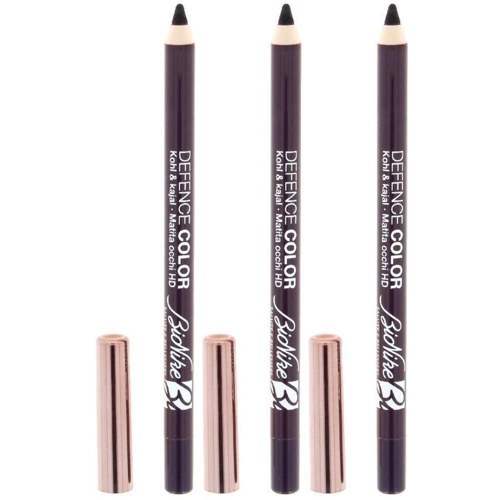 Tre matite kohl marrone scuro con cappucci oro rosa. Scritta: DEFENCE COLOR, BioNike.