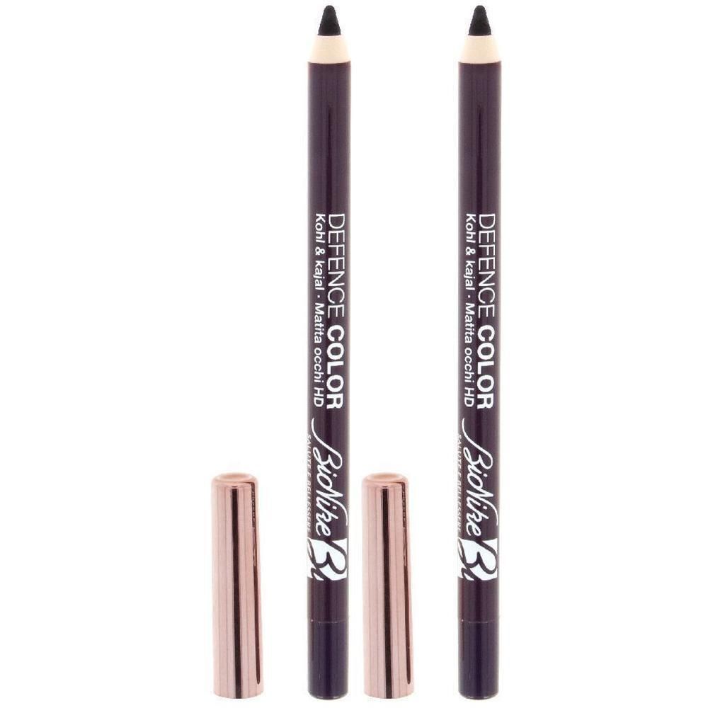 Due matite kohl marrone scuro con cappucci oro rosa. Scritta: DEFENCE COLOR, Kohl & Kajal.
