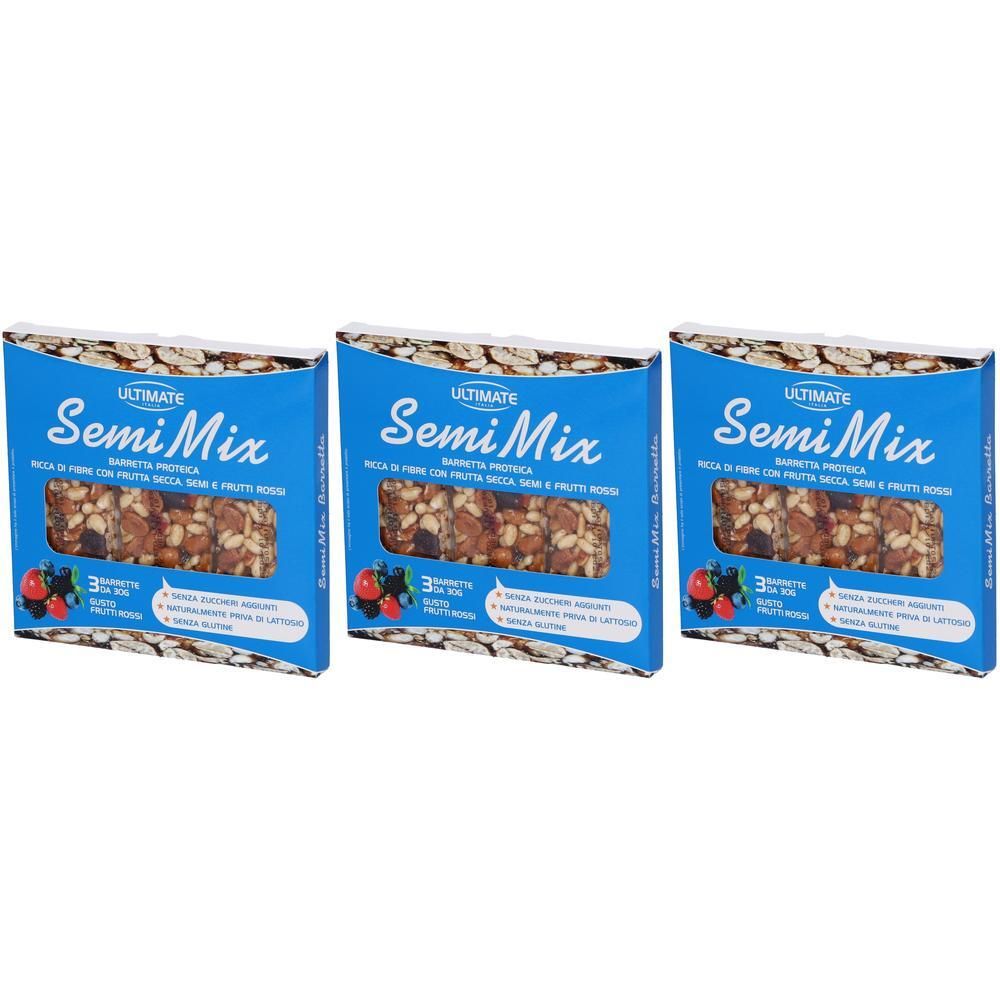 Tre confezioni di barrette Ultimate Semi Mix con frutta secca e frutti rossi.