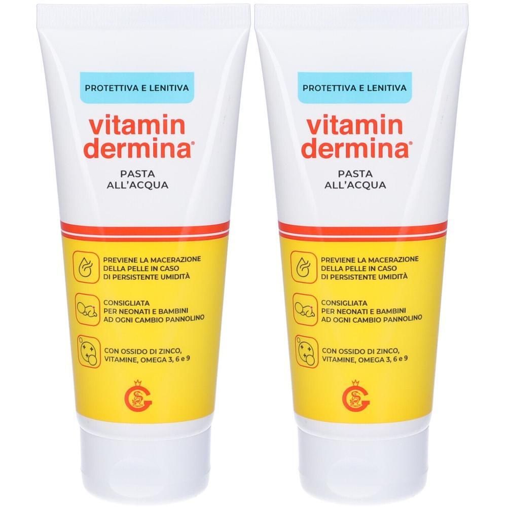 Due tubi di Vitamindermina Pasta all'Acqua, pasta protettiva e lenitiva per neonati.