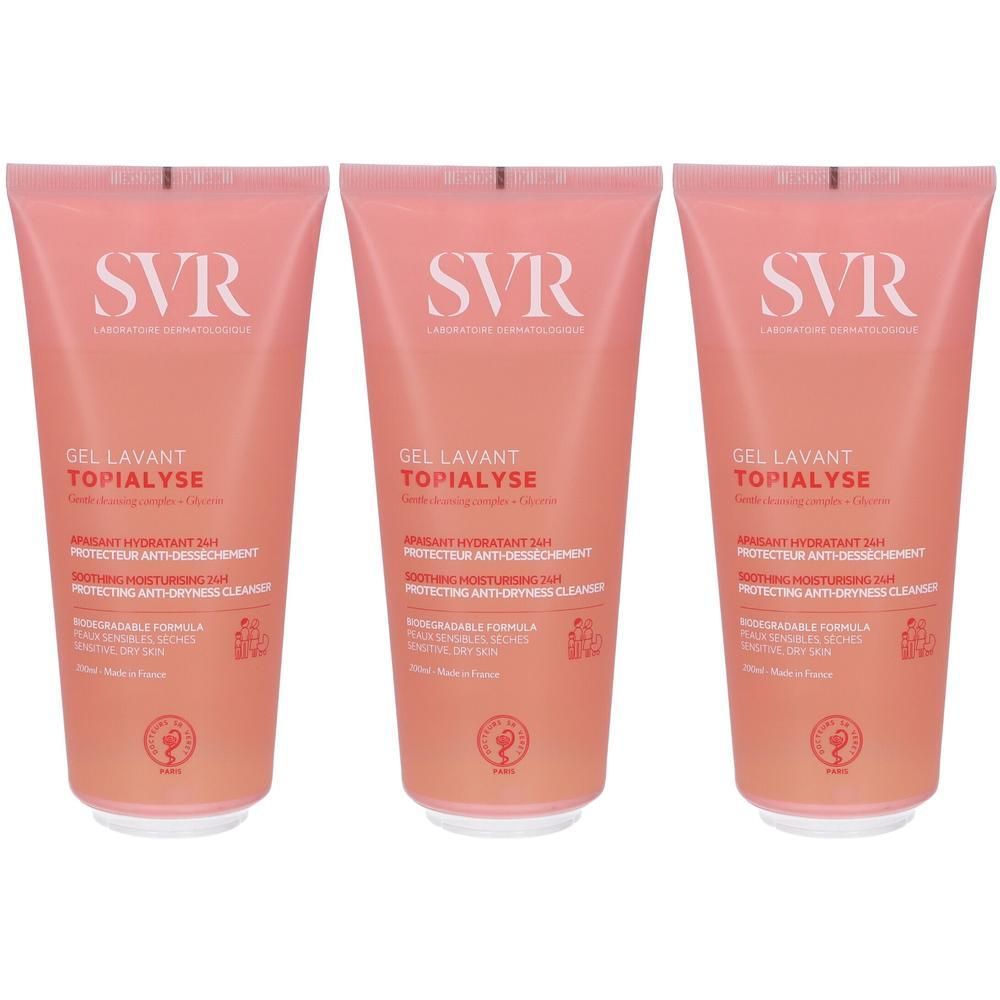 Tre flaconi SVR Topialyse Gel Lavant, 200ml, con formula lenitiva e idratante.