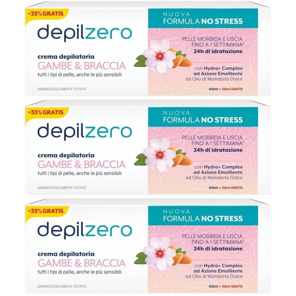Depilzero Crema Depilatoria Gambe e Braccia, 150ml + 50ml Gratis. Nuova formula no stress.
