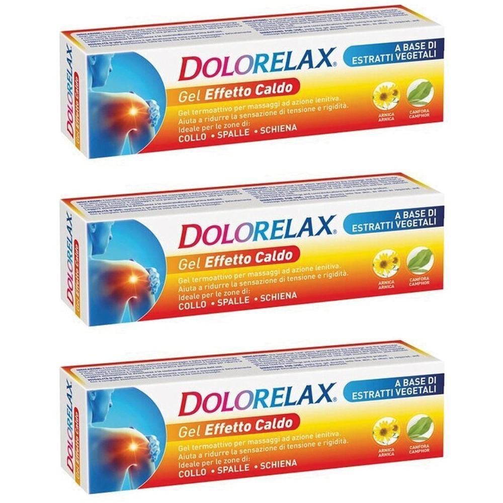 Tre confezioni di Dolorelax Gel Effetto Caldo a base di estratti vegetali.
