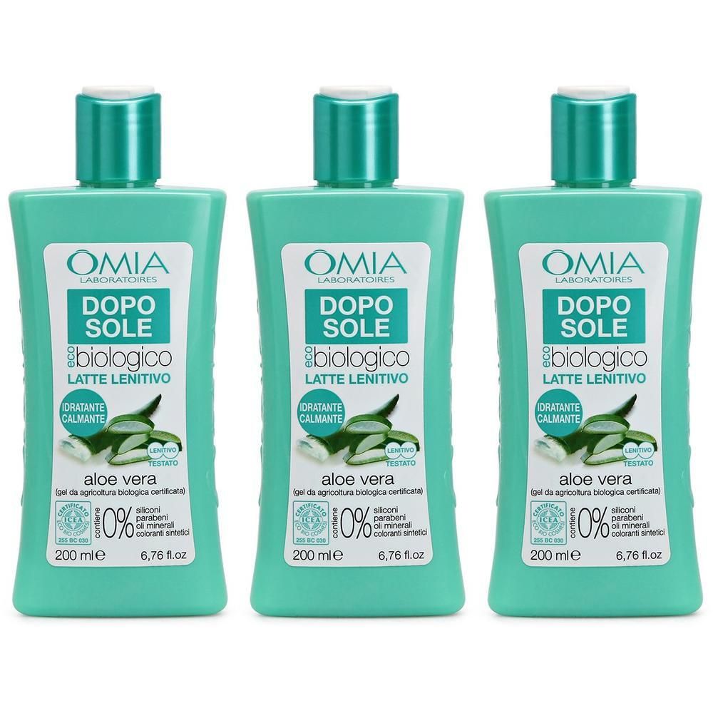 Tre flaconi Omia Solari Omia ECOBIO Doposole Lenitivo con aloe vera.