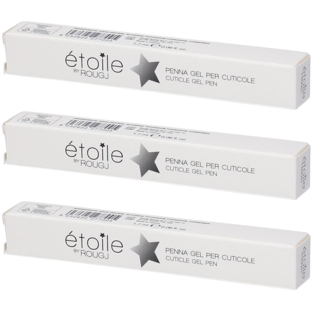Tre confezioni di penne gel per cuticole "Étoile by Rougj". Confezione bianca con logo a stella e nome del prodotto.