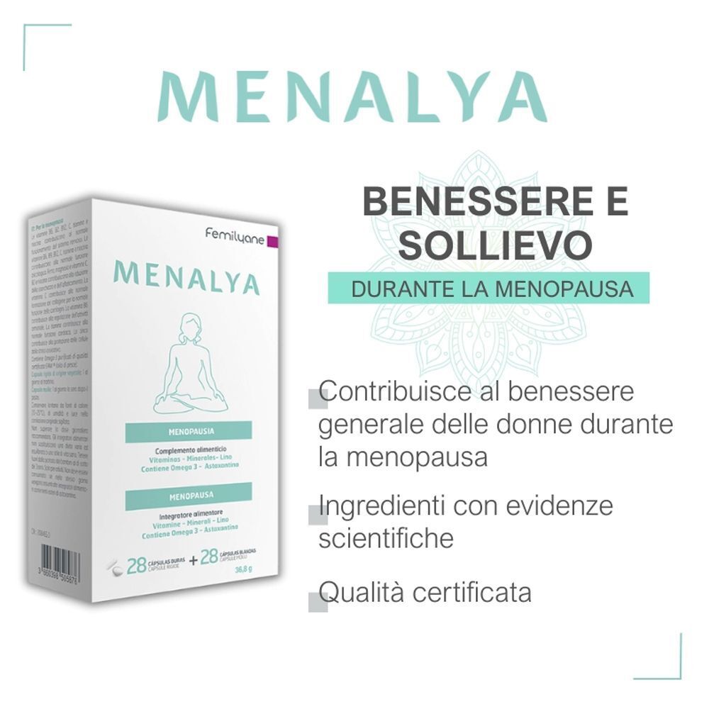 Confezione Femilyane Menalya Menopausa. "Benessere e sollievo durante la menopausa". Ingredienti scientificamente provati.