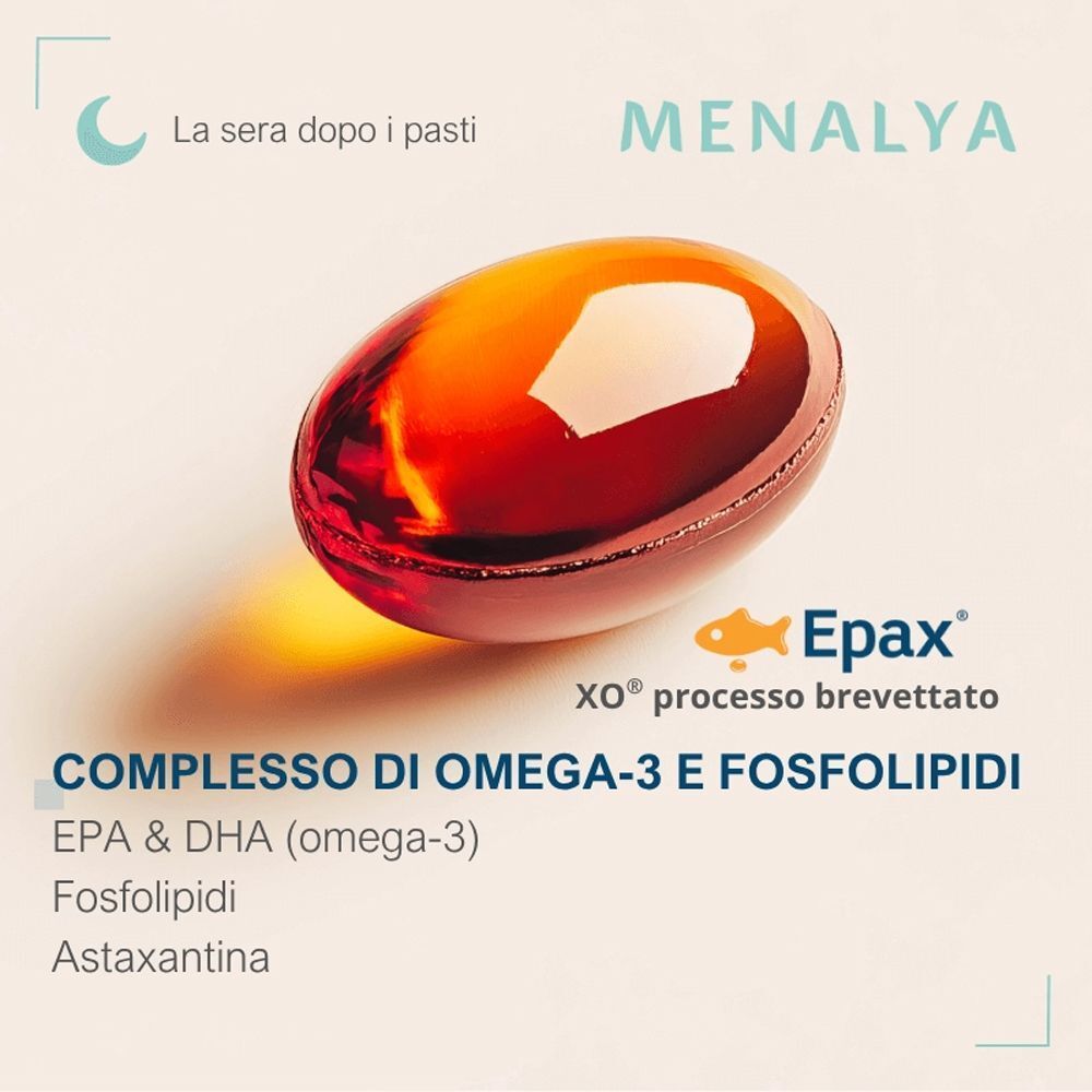 Una capsula Femilyane Menalya Menopausa. "Complesso Omega-3 e Fosfolipidi" con Astaxantina. Processo Epax®.