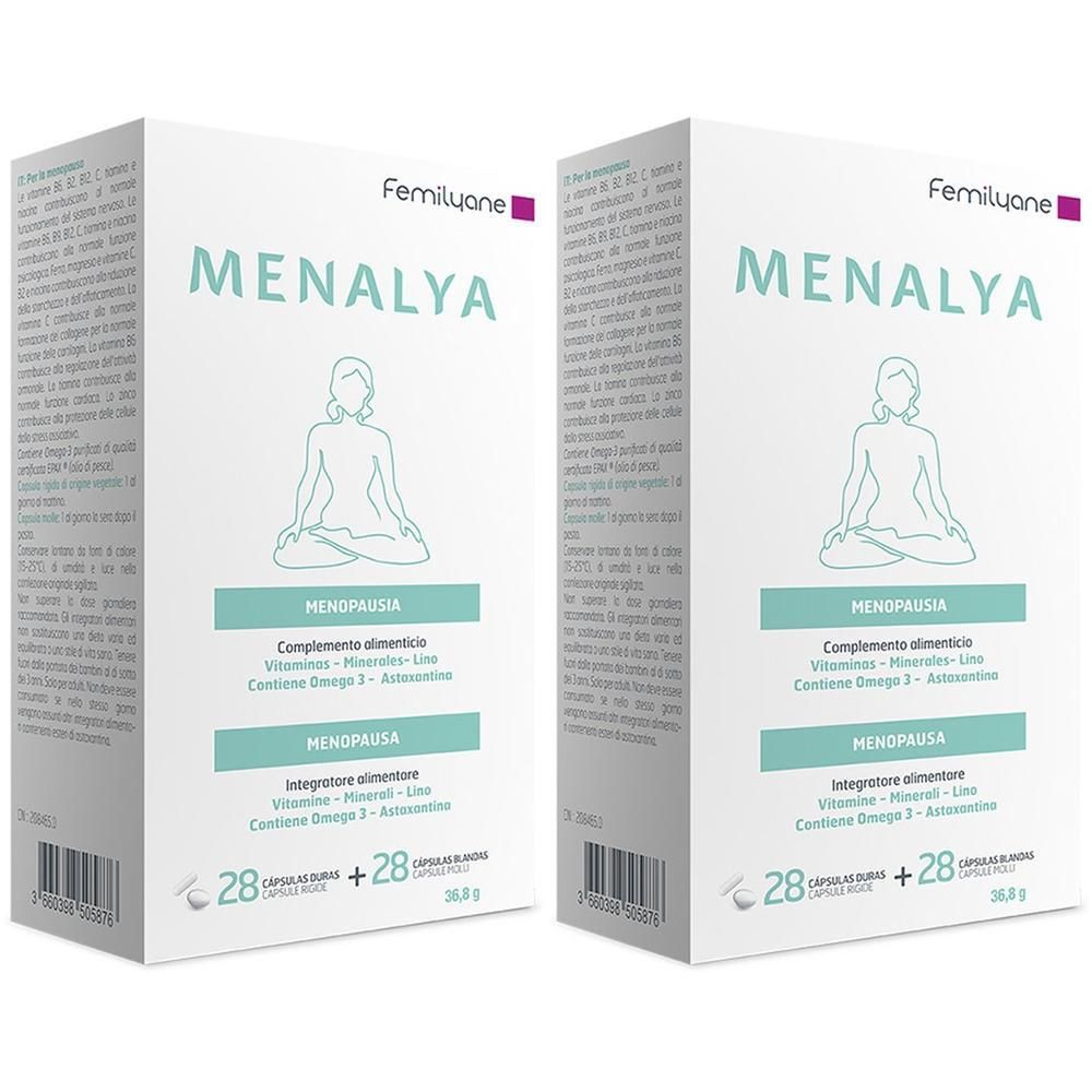 Due confezioni di Femilyane Menalya Menopausa, integratore alimentare, 28 capsule per confezione.