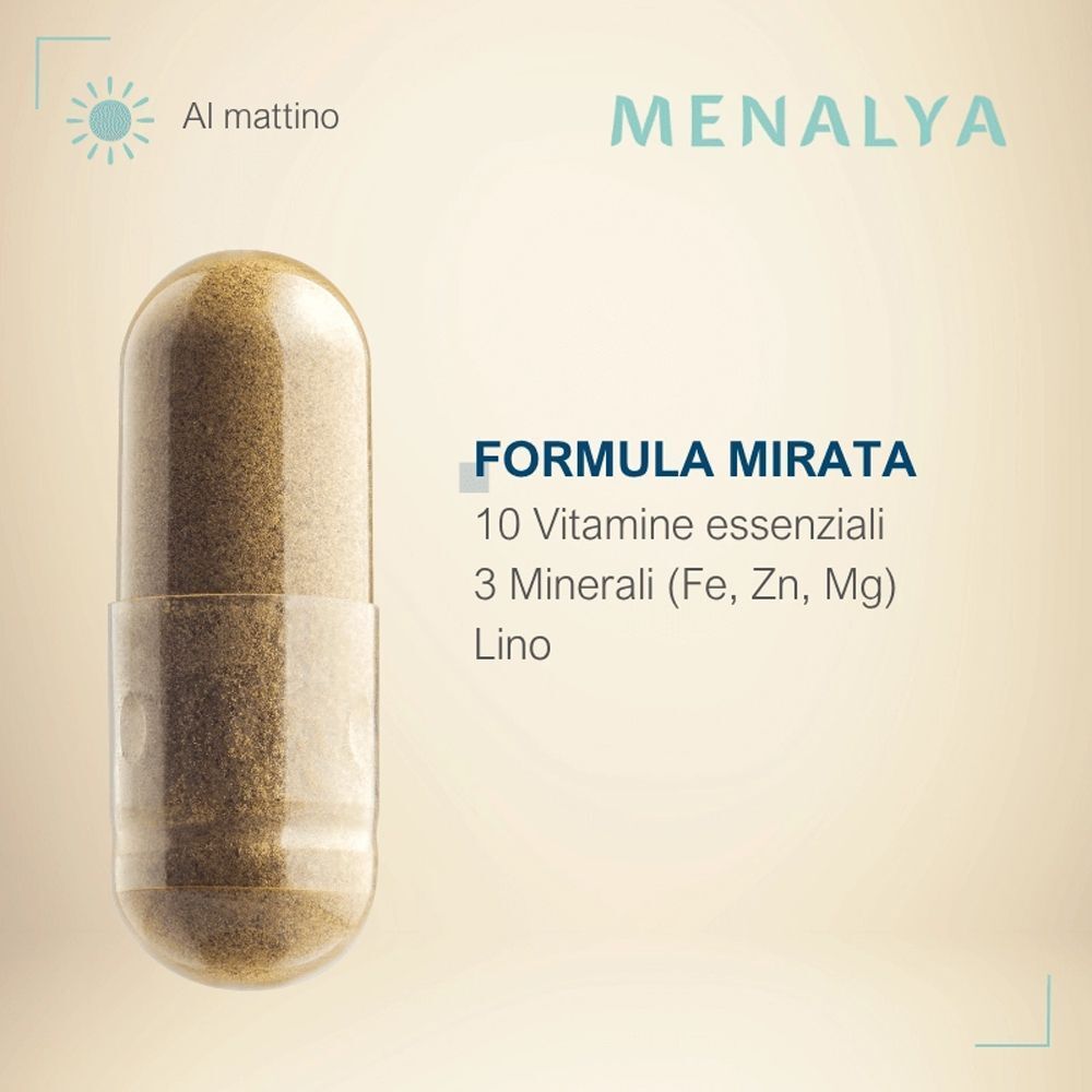 Capsula Femilyane Menalya Menopausa: Contiene 10 vitamine essenziali, 3 minerali (Fe, Zn, Mg) e lino.