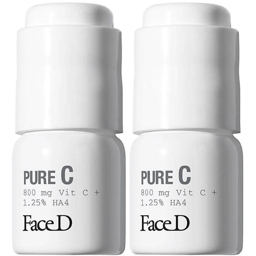 Due flaconi bianchi FaceD Pure C con contagocce. Testo: 800 mg Vit C + 1.25% HA4.
