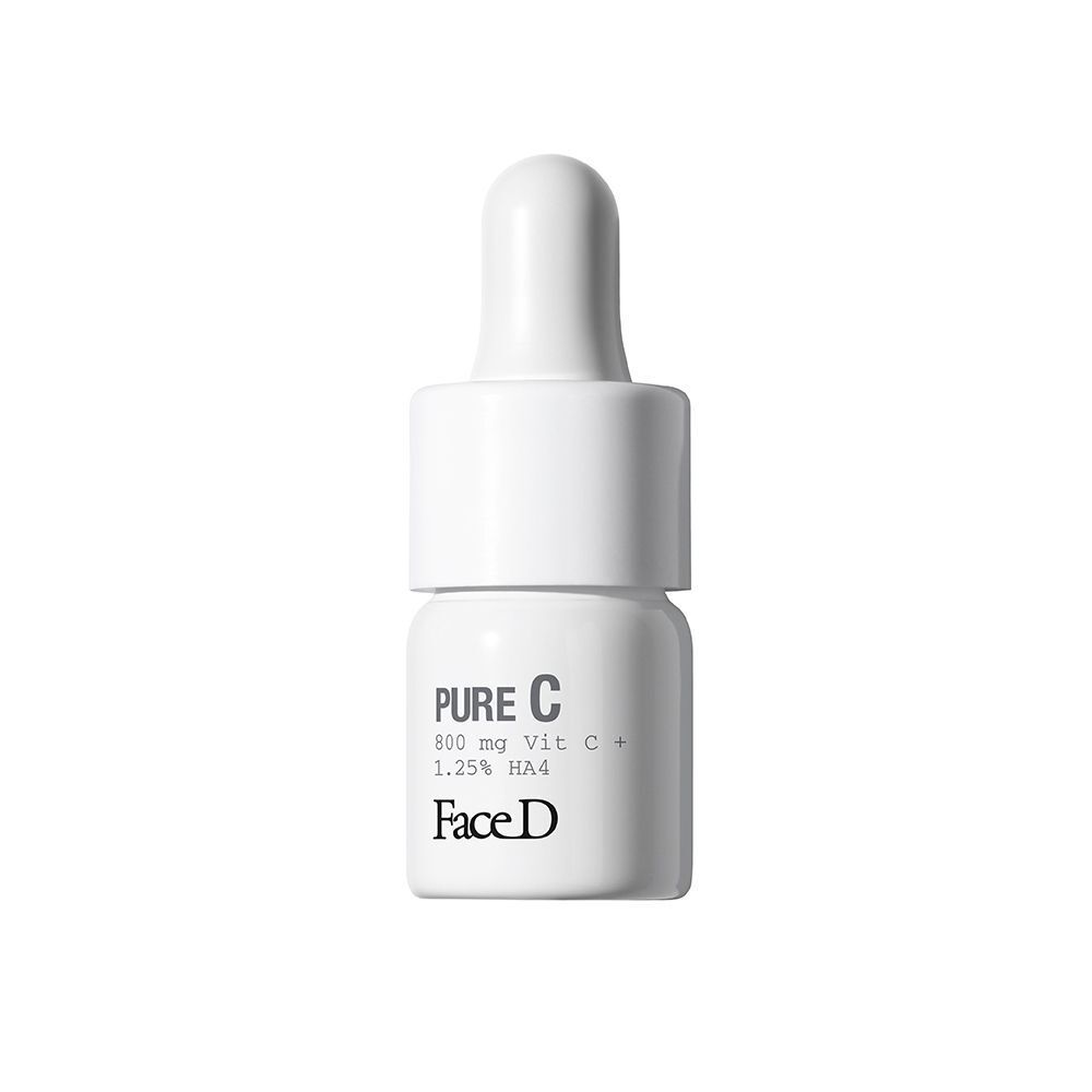 Un flacone bianco FaceD Pure C con contagocce. Testo: 800 mg Vit C + 1.25% HA4.