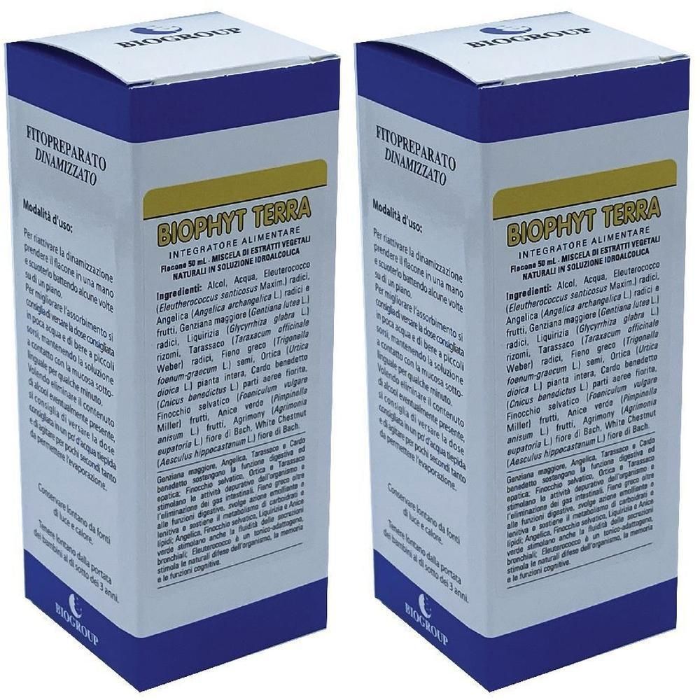 Due confezioni di Biophyt Terra, soluzione idroalcolica, con dettagliate informazioni sul prodotto.