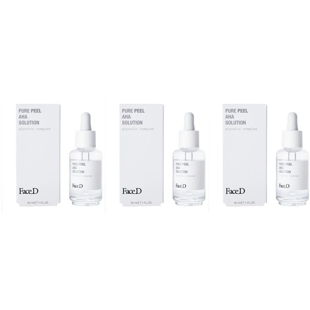 Tre flaconi di Face D Pure Peel AHA Solution con contagocce e scatole.