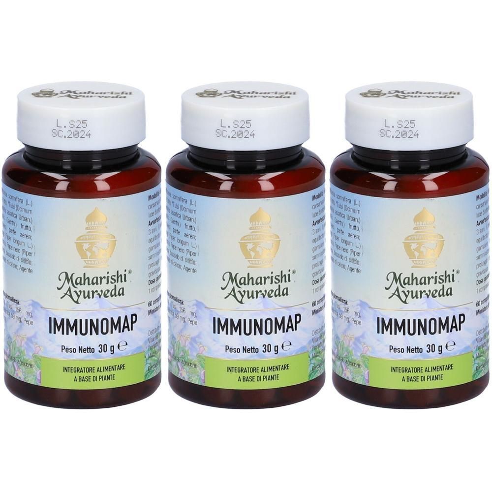 Tre flaconi di Immunomap, integratore alimentare a base di piante.