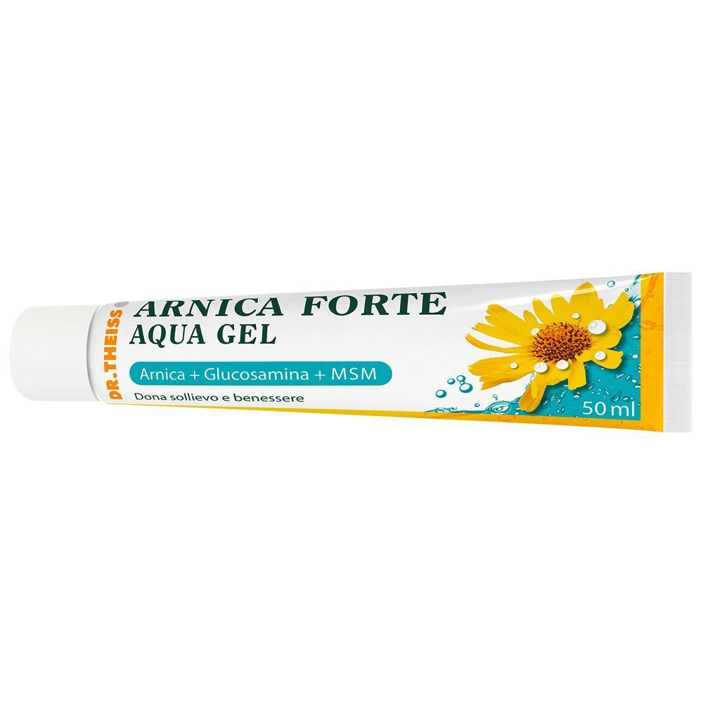 Tubo Dr. Theiss Arnica Forte Aqua Gel da 50ml con design a fiore di arnica.