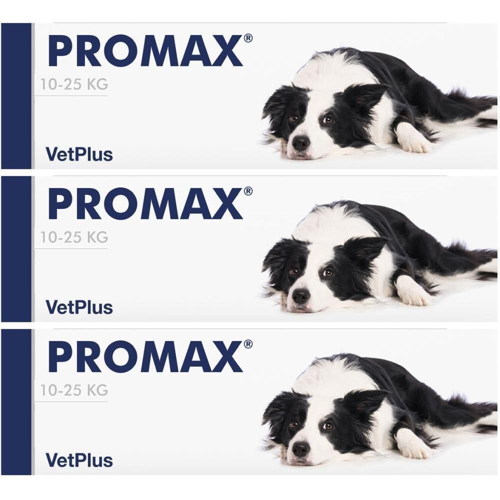 Tre scatole bianche con etichetta blu 'PROMAX 10-25 KG VetPlus'.