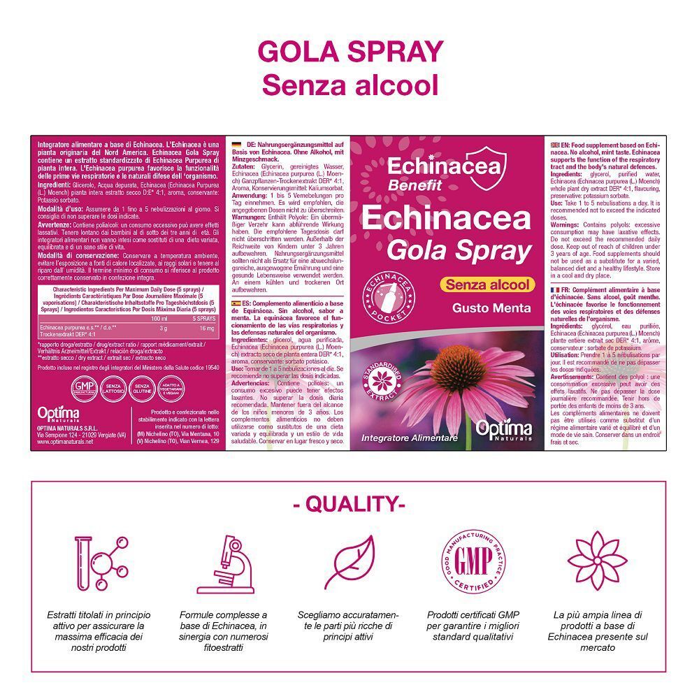 Retro della scatola di spray per la gola all'echinacea con informazioni dettagliate e caratteristiche di qualità come la certificazione GMP.