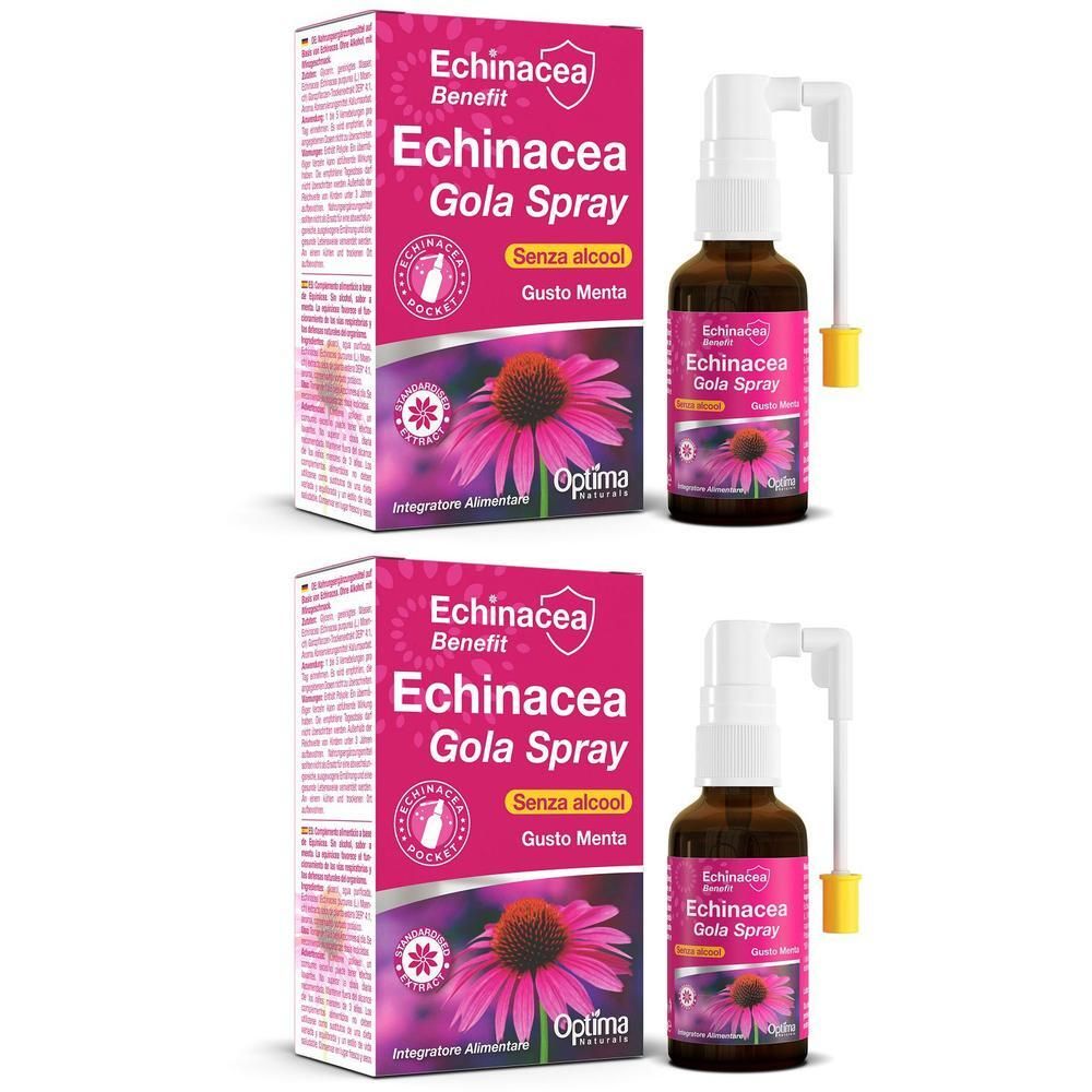 Due confezioni di spray per la gola Echinacea con erogatore spray, su scatola rosa con fiore di echinacea.