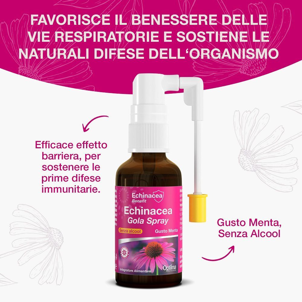 Flacone spray per la gola Echinacea con erogatore, su sfondo rosa con illustrazioni di fiori di echinacea.