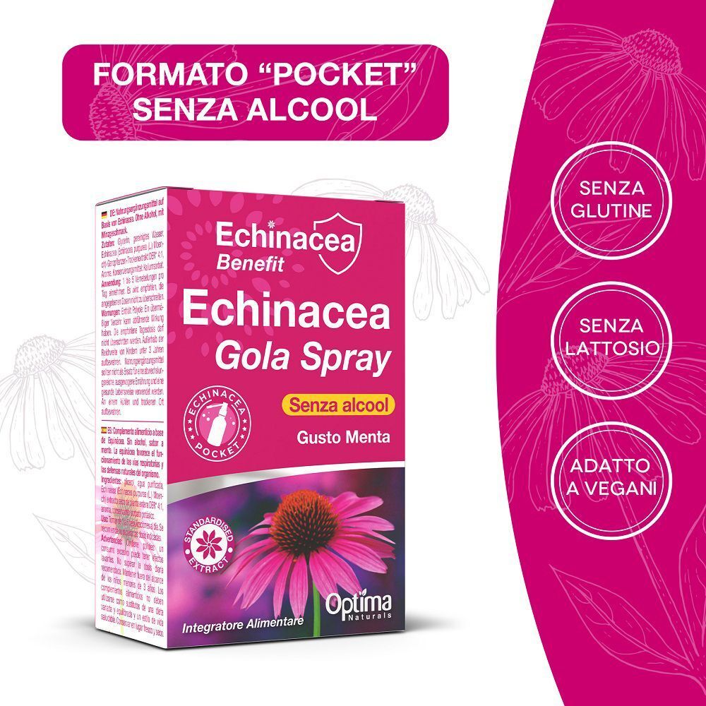 Scatola di Echinacea Gola Spray formato tascabile, senza alcol, con indicazioni senza glutine, senza lattosio e vegan.