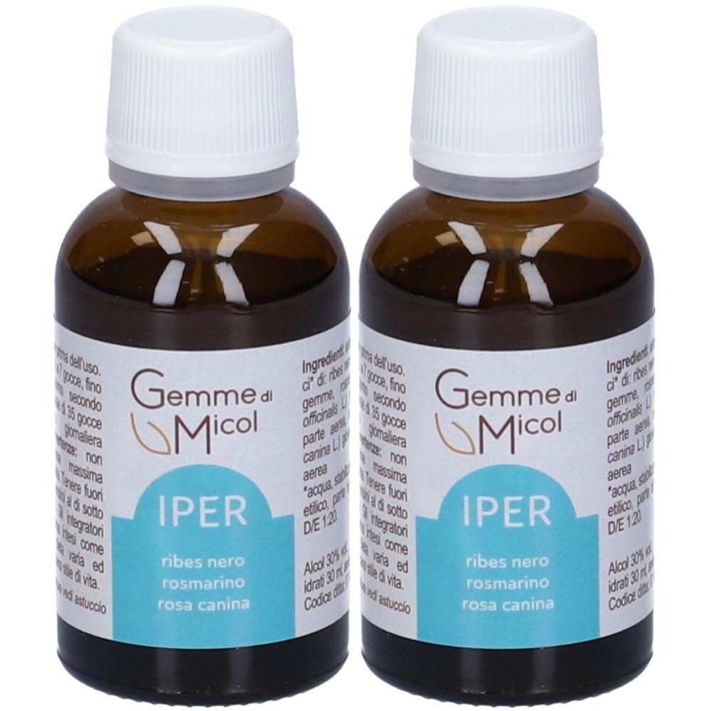 Due flaconi in vetro ambrato con tappi bianchi, etichette "Gemme di Micol IPER" e ingredienti.