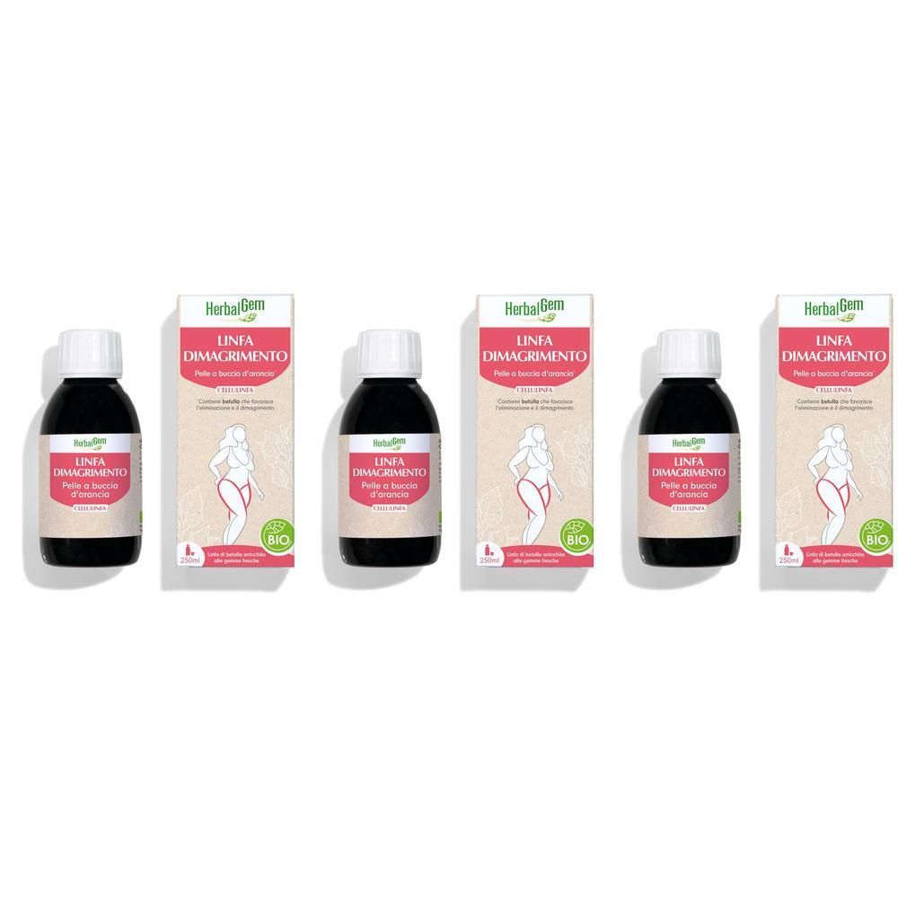Tre flaconi e scatole di Herbalgem Linfa Dimagrimento. Liquido scuro in flaconi con tappo bianco.
