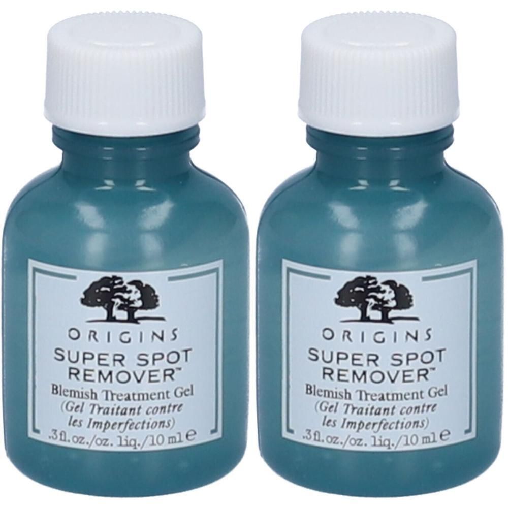 Due flaconi di Origins Super Spot Remover Gel Trattamento per le Imperfezioni, 10 ml ciascuno.